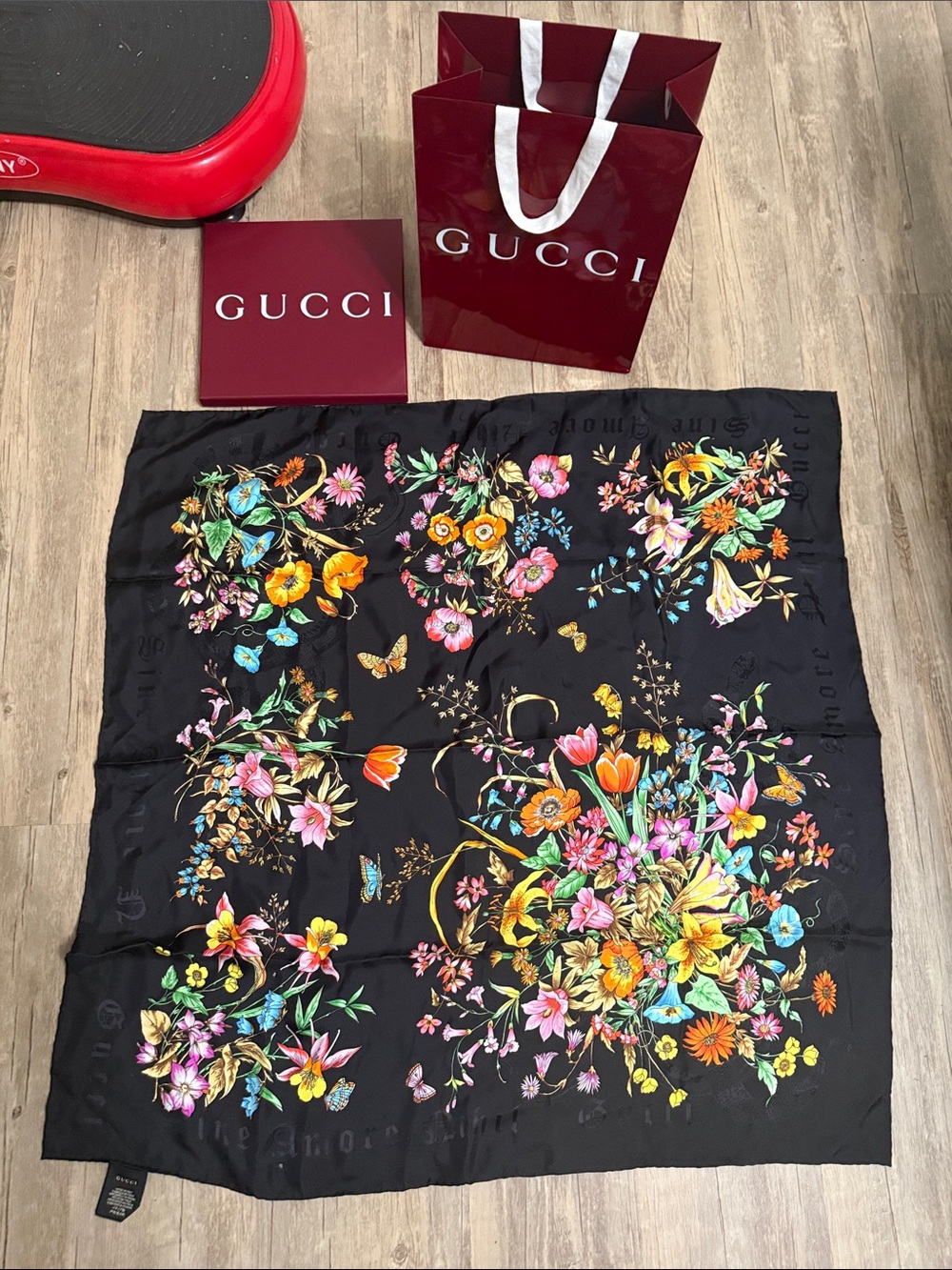 Gucci Black Floral Silk Square Scarf with Multicolor Bouquet